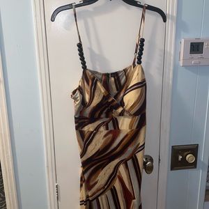 Maxi dress size large brown tan, gray, black beaded adjustable strip